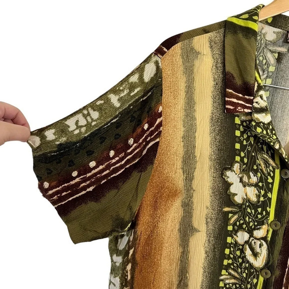 Ashley Stewart Tropical Button Up Shirt Size 20 Earth Tones Floral Striped Spots - Picture 4 of 7